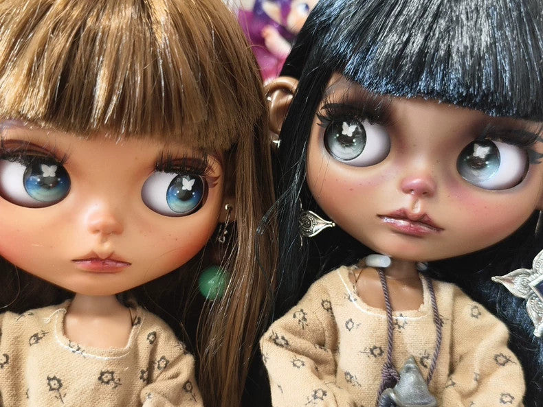 1/6 BJD Doll Handmade Blythe Doll + Clothes Wig Eyes Dark Skin Twins Custom Girl