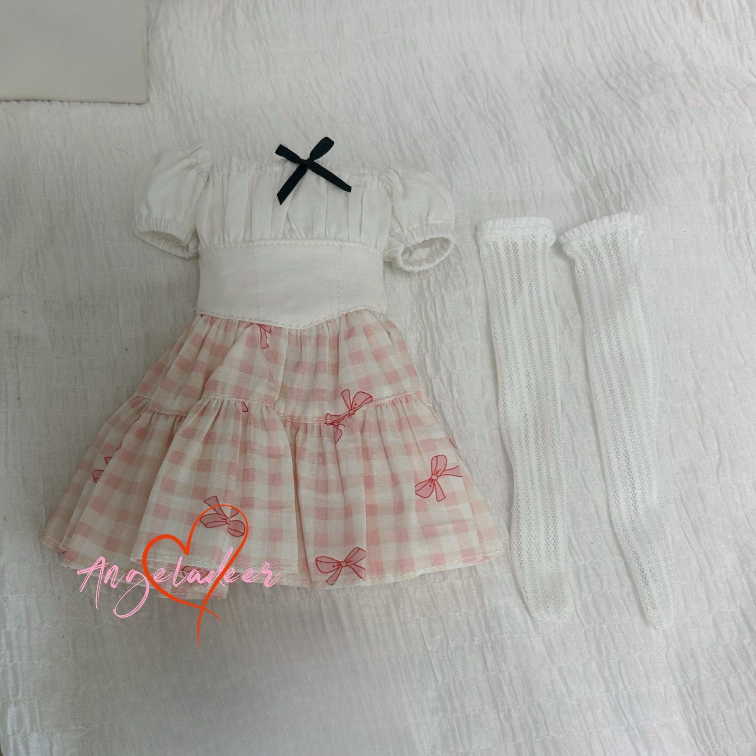 1/4MSD BJD Girl Clothes Outfit Fake Two Piece Spliced Dress White + Pink Plaid