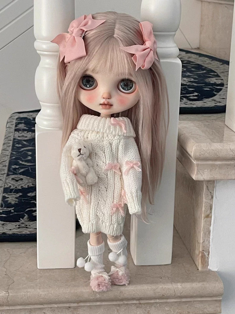Blythe Doll Clothes 1/6 BJD Knitted Dress Bow Hair Clip Shoes For BJD Doll OB24