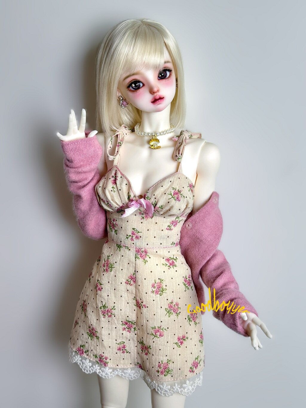 1/4 1/3 SD16 SID EID BJD Clothes Beige Floral Sling Dress Flowers + Polka Dots