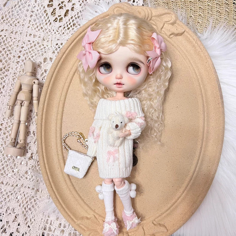 Blythe Doll Clothes 1/6 BJD Knitted Dress Bow Hair Clip Shoes For BJD Doll OB24