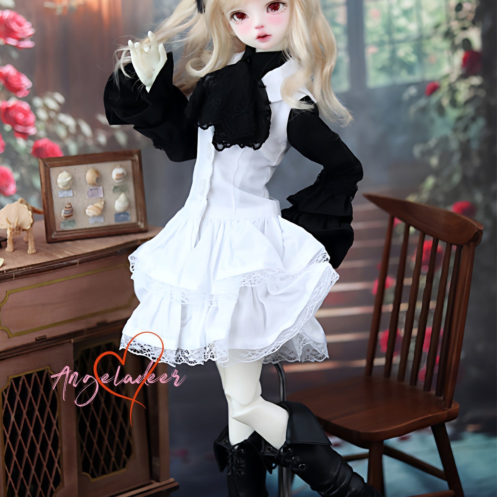 1/4 1/3 BJD Clothes Doll Outfit Shirt + Sleeveless Jumper Dress + Neck Bow-