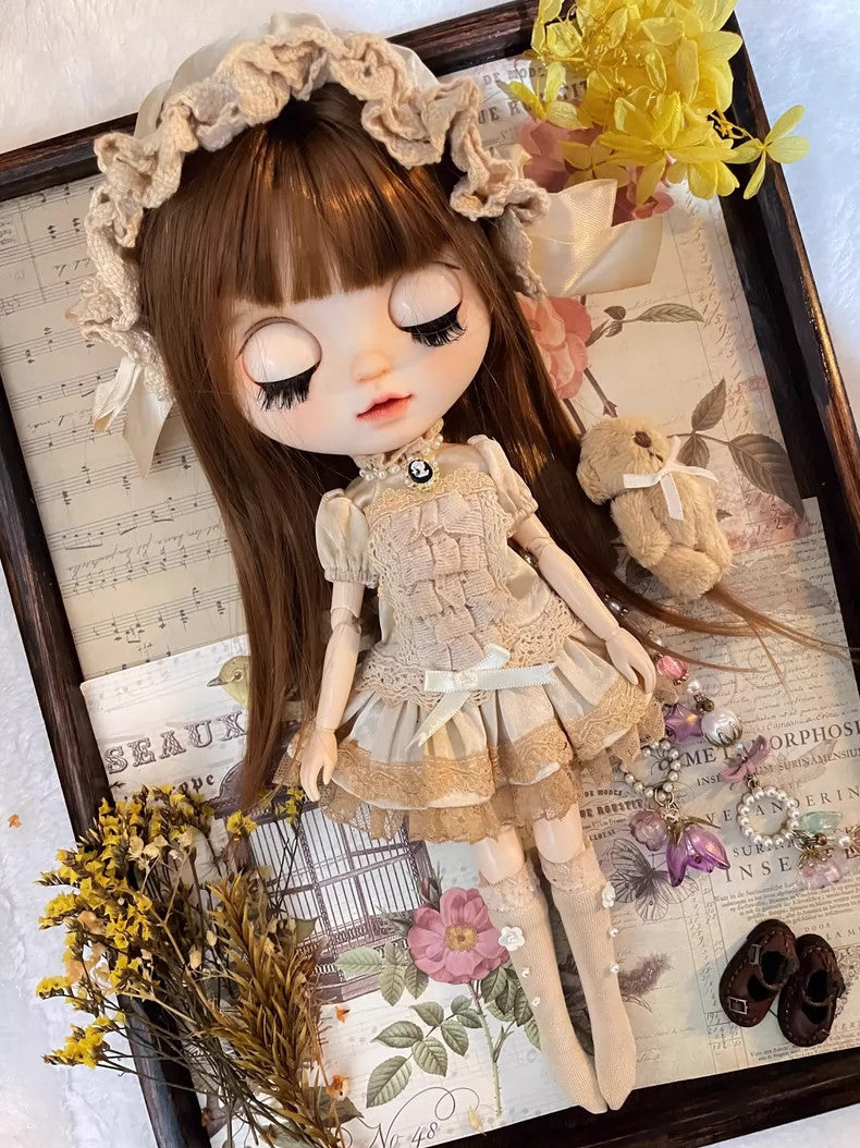 Blythe Doll Clothes BJD Silk Retro Vintage Dress Hat Socks for 1/6 BJD Doll OB24