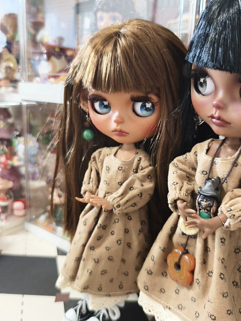 1/6 BJD Doll Handmade Blythe Doll + Clothes Wig Eyes Dark Skin Twins Custom Girl
