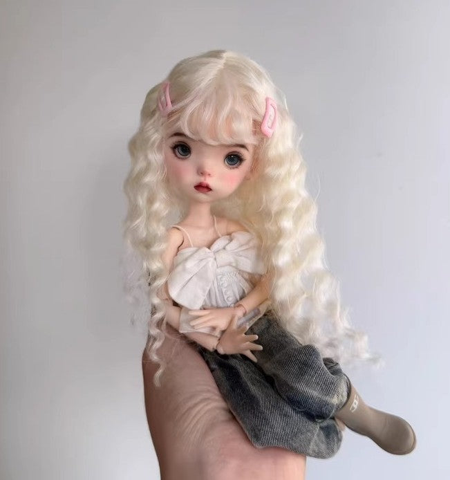 Handmade 1/6 Landoudou Wig BJD Doll Soft Mohair Blonde Curly Hair Girl DIY Toys-