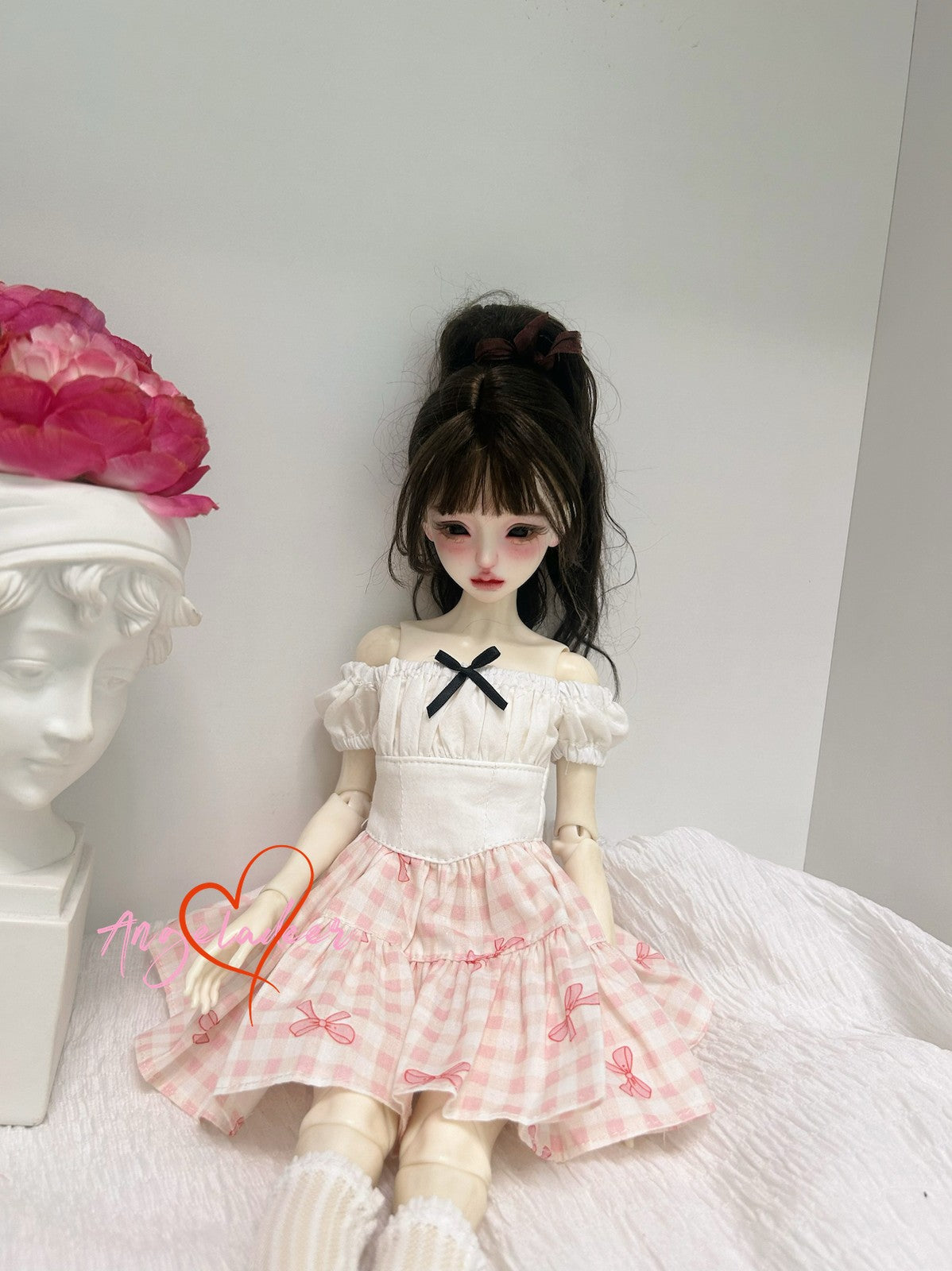 1/4MSD BJD Girl Clothes Outfit Fake Two Piece Spliced Dress White + Pink Plaid