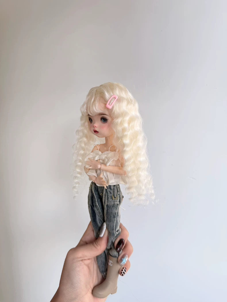 Handmade 1/6 Landoudou Wig BJD Doll Soft Mohair Blonde Curly Hair Girl DIY Toys-