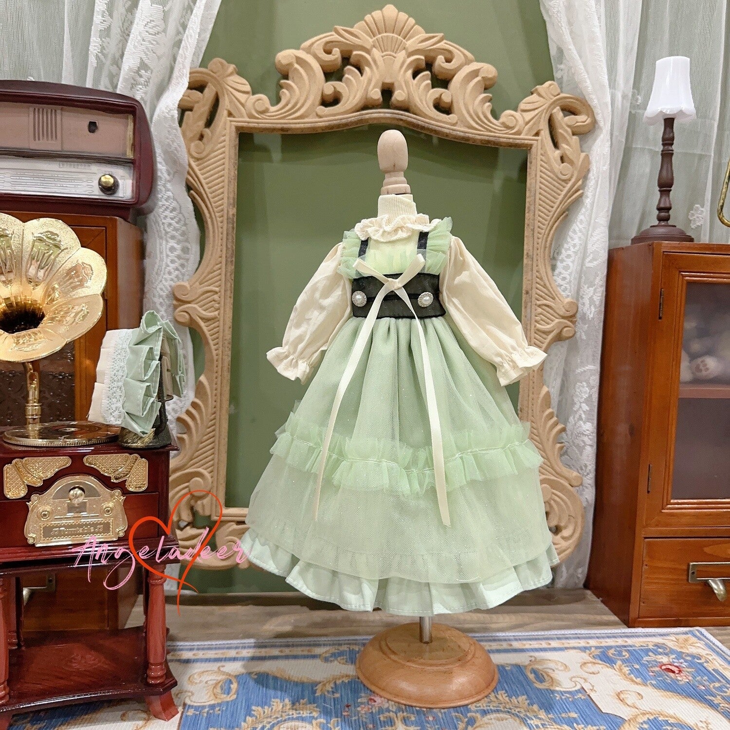 Blythe 1/6 1/4 1/3 BJD Doll Clothes Doll Outfit Green+Beige Yarn Dress+Headwear
