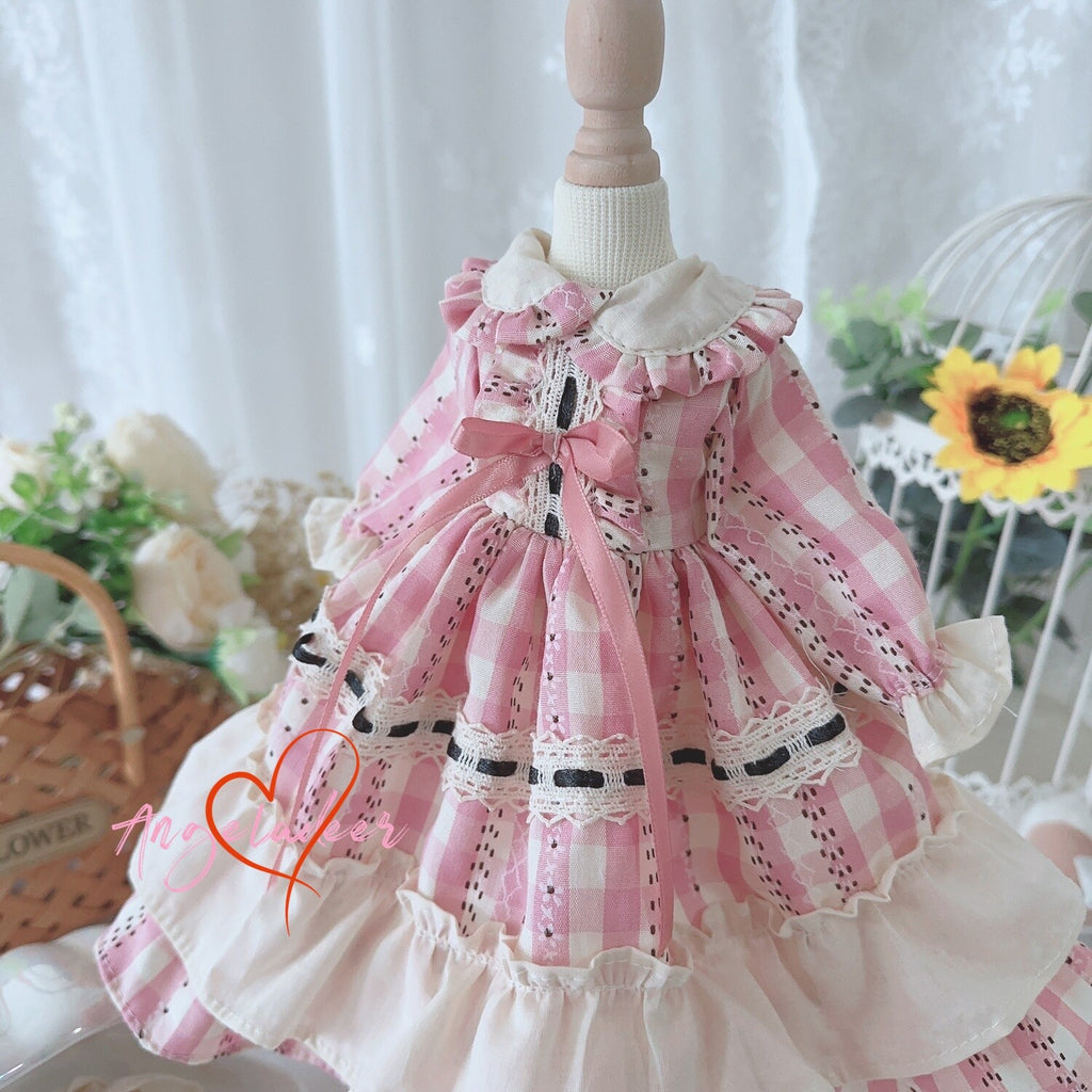 Blythe 1/6 1/4 1/3 BJD Doll Clothes Outfit Retro Pink Plaid Dress + Headwear DOD