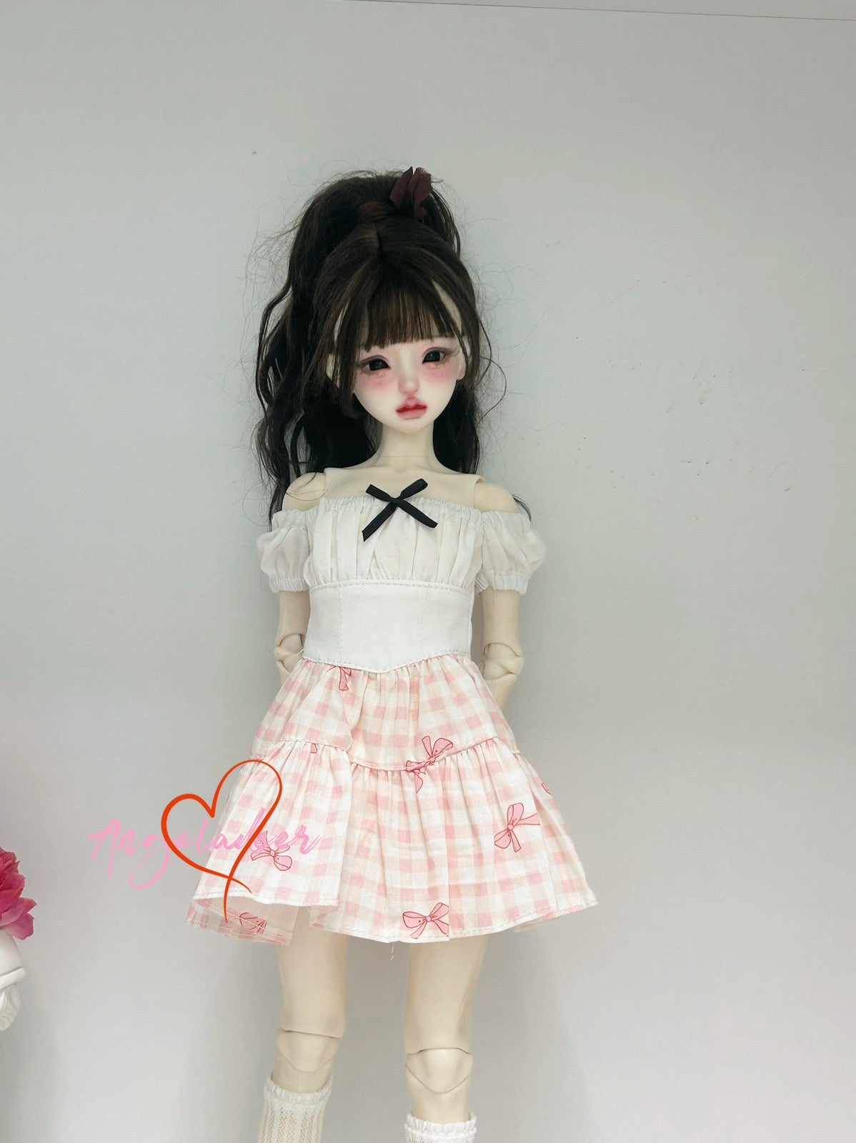 1/4MSD BJD Girl Clothes Outfit Fake Two Piece Spliced Dress White + Pink Plaid