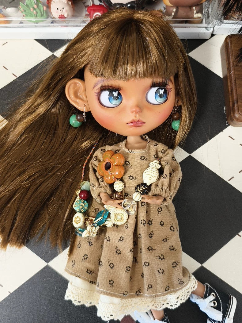 1/6 BJD Doll Handmade Blythe Doll + Clothes Wig Eyes Dark Skin Twins Custom Girl