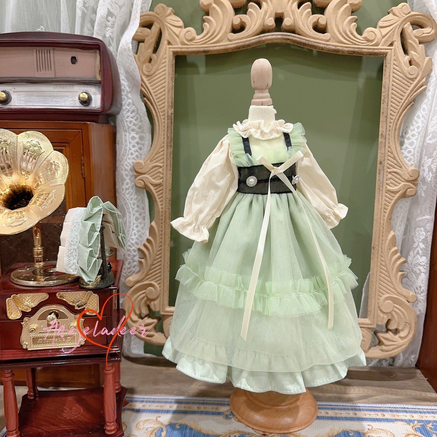 Blythe 1/6 1/4 1/3 BJD Doll Clothes Doll Outfit Green+Beige Yarn Dress+Headwear