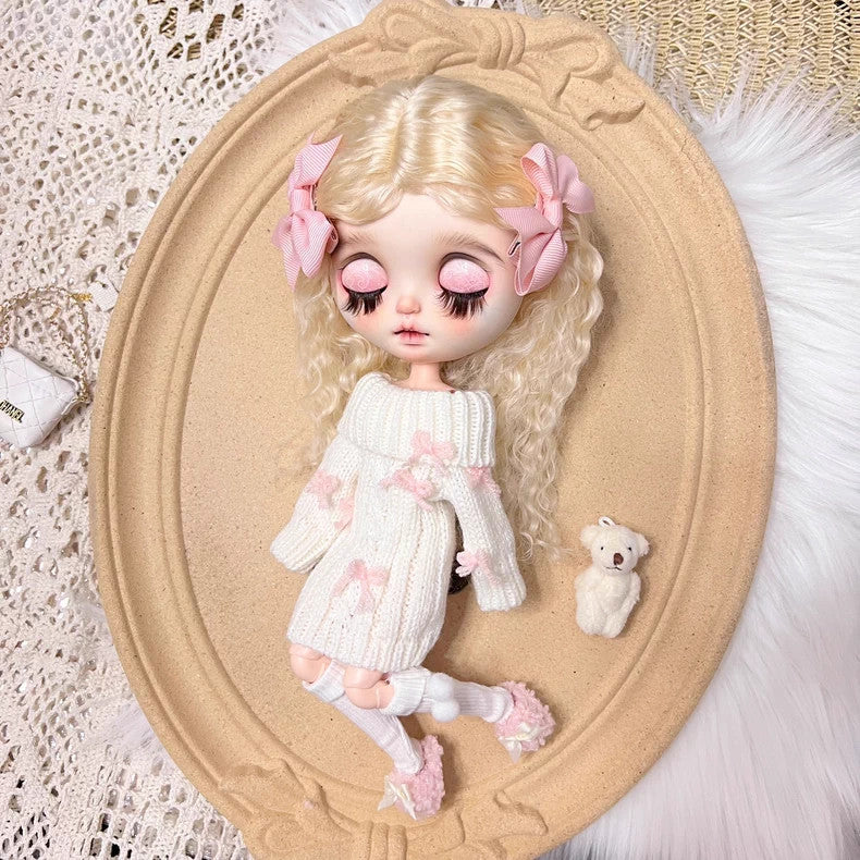 Blythe Doll Clothes 1/6 BJD Knitted Dress Bow Hair Clip Shoes For BJD Doll OB24