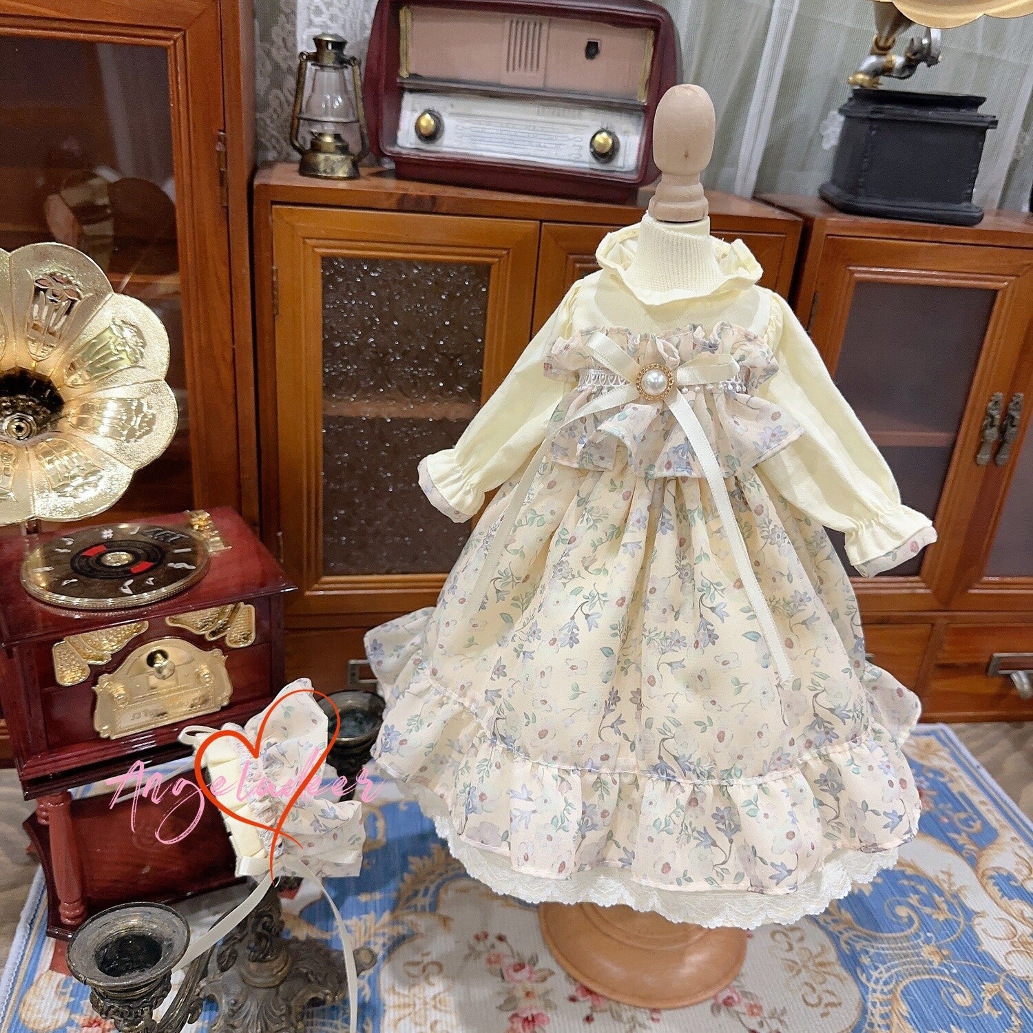 Blythe 1/6 1/4 1/3 BJD Clothes Doll Outfit Beige Chiffon Floral Dress+Headwear-