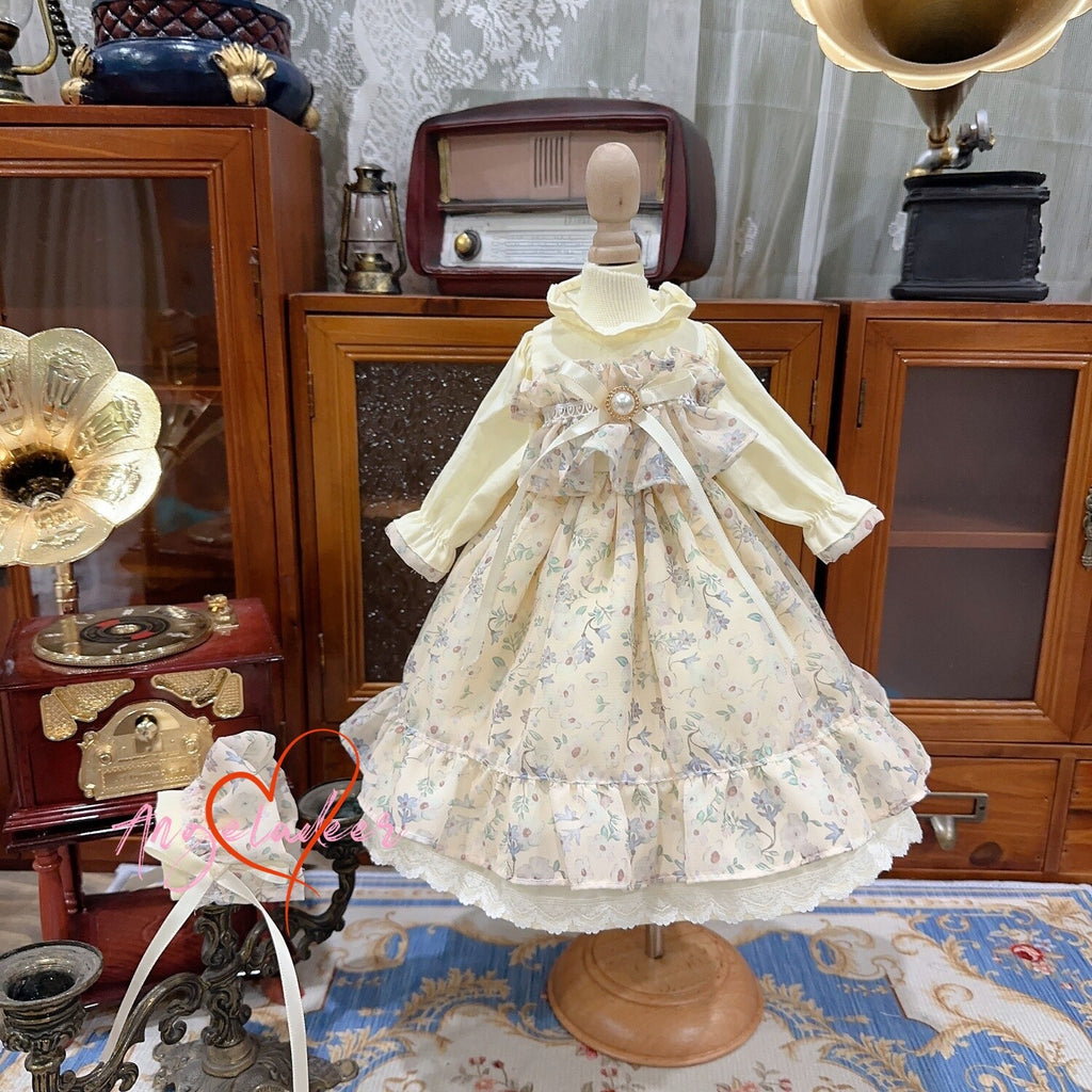 Blythe 1/6 1/4 1/3 BJD Clothes Doll Outfit Beige Chiffon Floral Dress+Headwear-