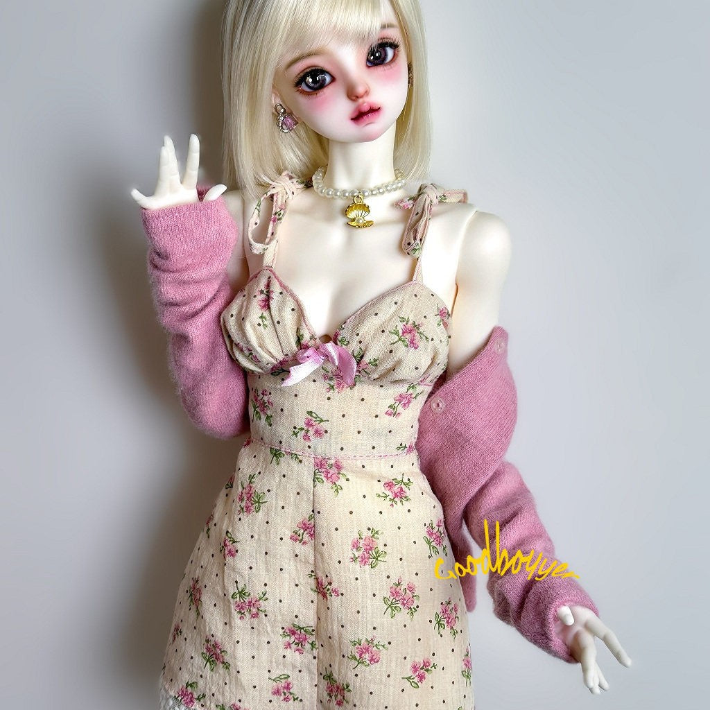 1/4 1/3 SD16 SID EID BJD Clothes Beige Floral Sling Dress Flowers + Polka Dots