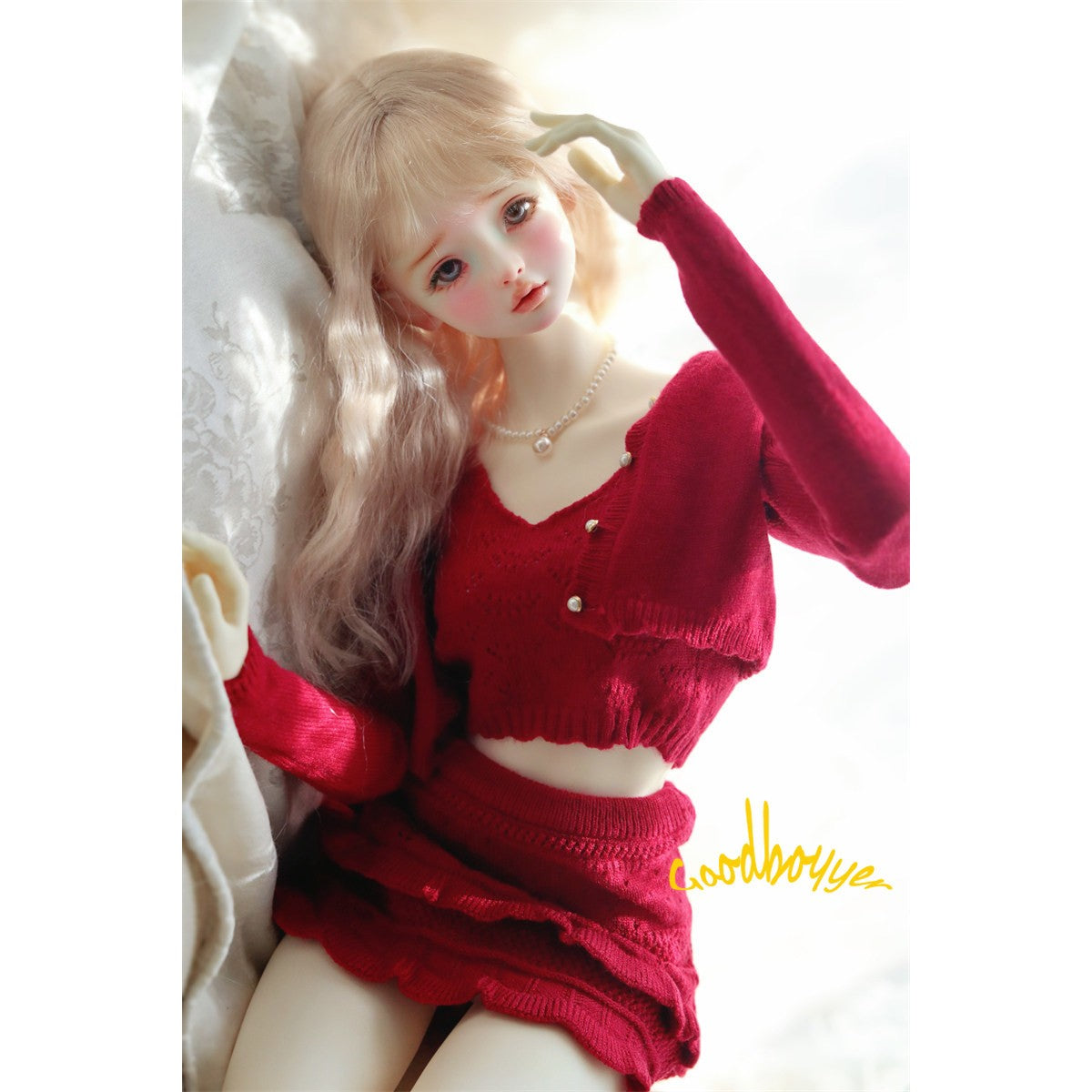 1/4 1/3 BJD Clothes Knitted Crop Top + Cardigan + Skirt Red Pink Blue Yellow