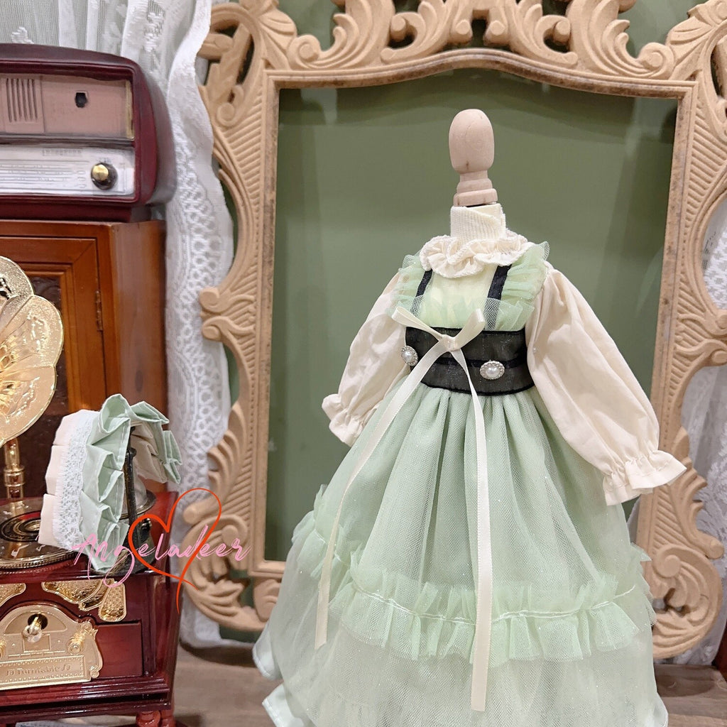 Blythe 1/6 1/4 1/3 BJD Doll Clothes Doll Outfit Green+Beige Yarn Dress+Headwear