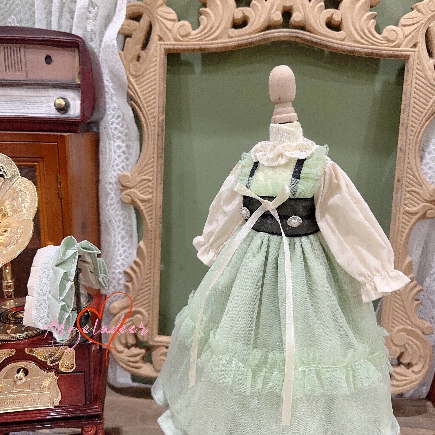 Blythe 1/6 1/4 1/3 BJD Doll Clothes Doll Outfit Green+Beige Yarn Dress+Headwear