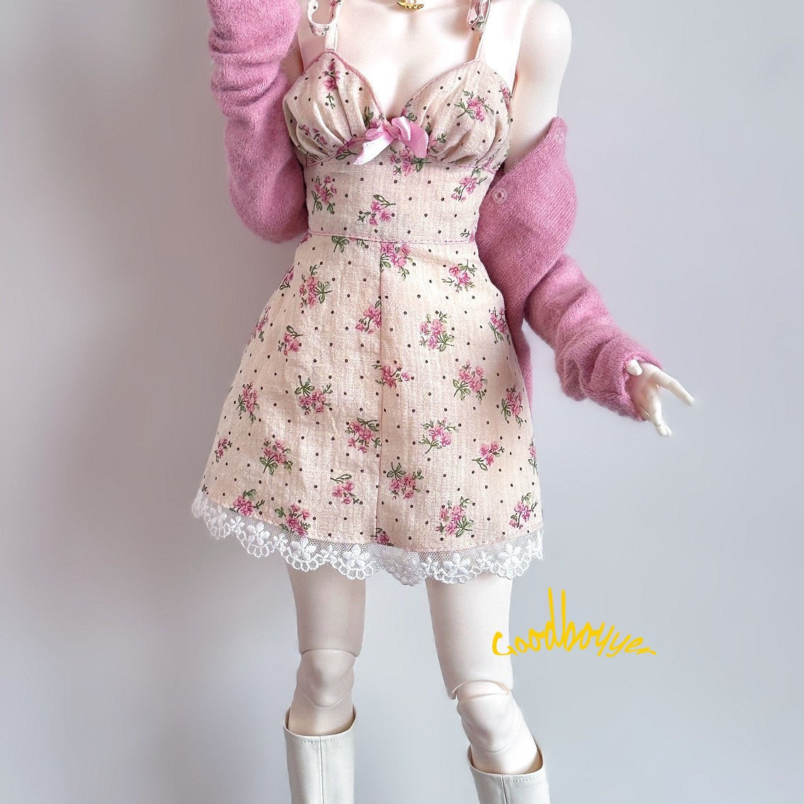 1/4 1/3 SD16 SID EID BJD Clothes Beige Floral Sling Dress Flowers + Polka Dots
