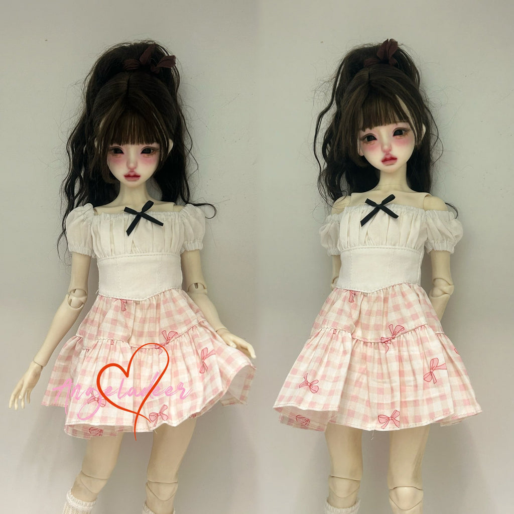 1/4MSD BJD Girl Clothes Outfit Fake Two Piece Spliced Dress White + Pink Plaid