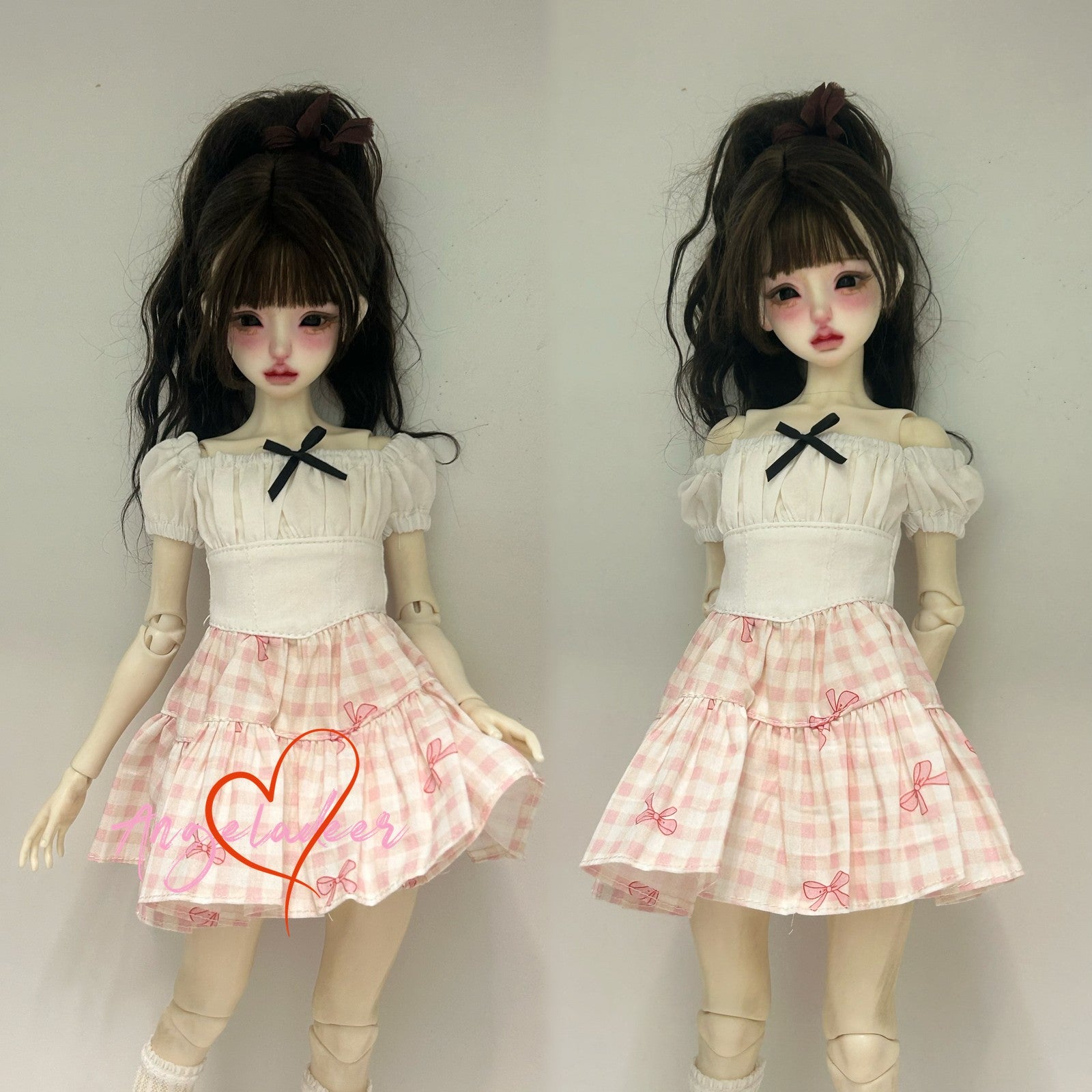 1/4MSD BJD Girl Clothes Outfit Fake Two Piece Spliced Dress White + Pink Plaid