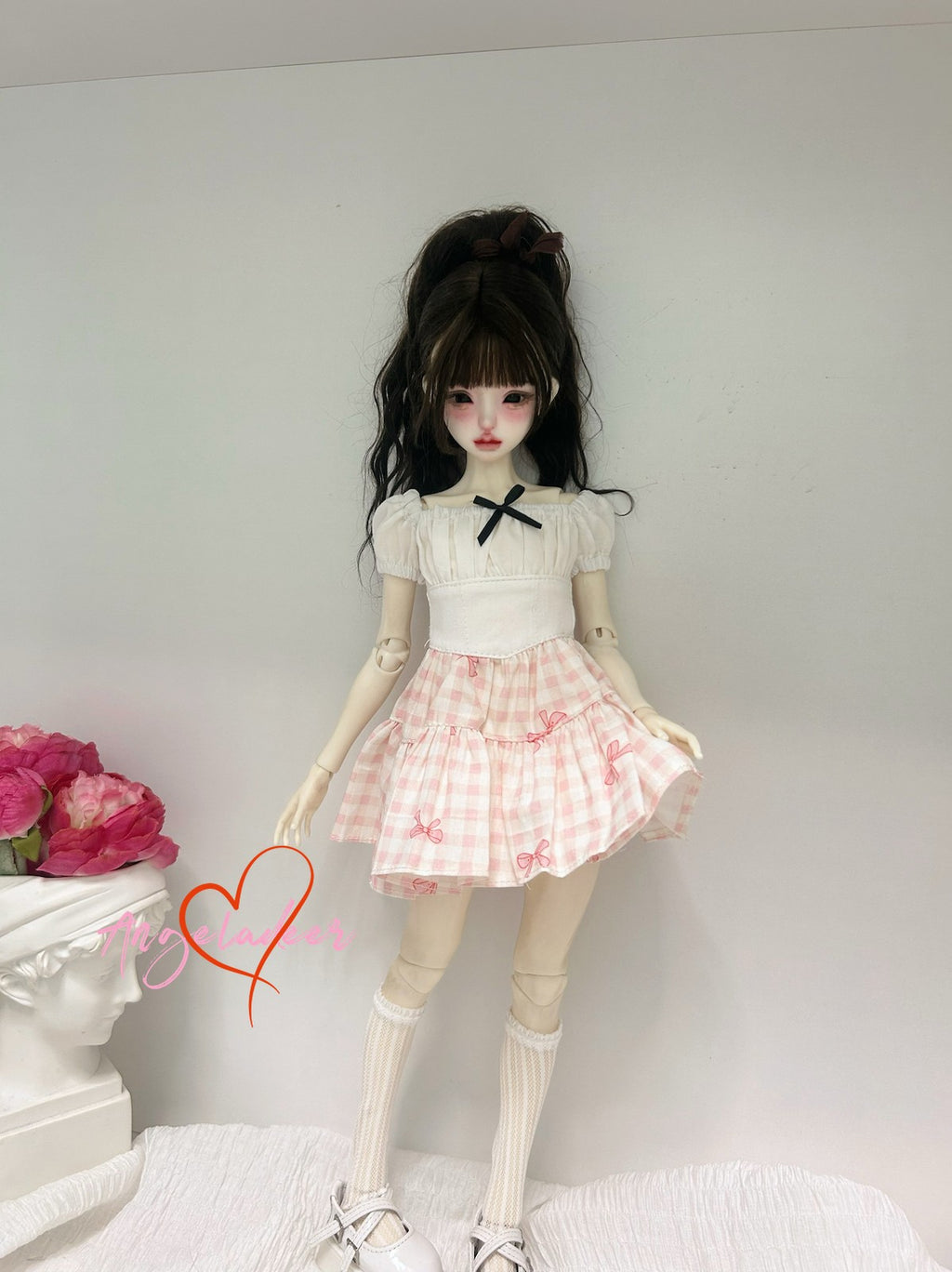 1/4MSD BJD Girl Clothes Outfit Fake Two Piece Spliced Dress White + Pink Plaid