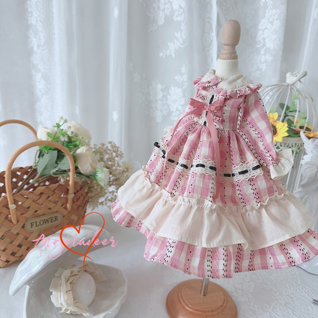 Blythe 1/6 1/4 1/3 BJD Doll Clothes Outfit Retro Pink Plaid Dress + Headwear DOD