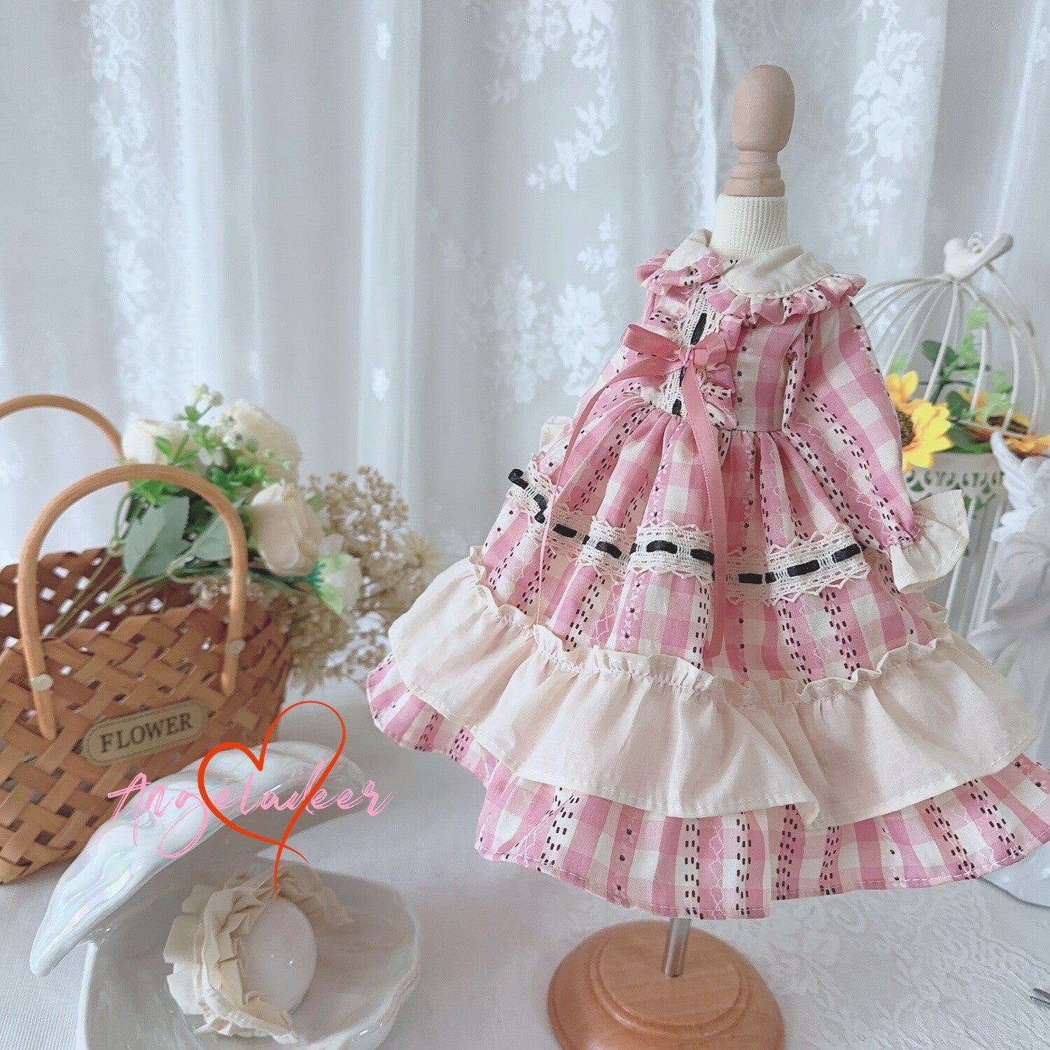 Blythe 1/6 1/4 1/3 BJD Doll Clothes Outfit Retro Pink Plaid Dress + Headwear DOD