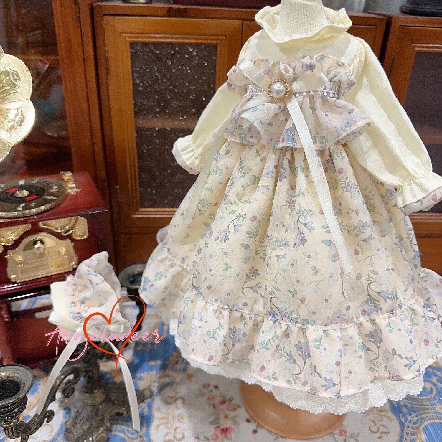Blythe 1/6 1/4 1/3 BJD Clothes Doll Outfit Beige Chiffon Floral Dress+Headwear-