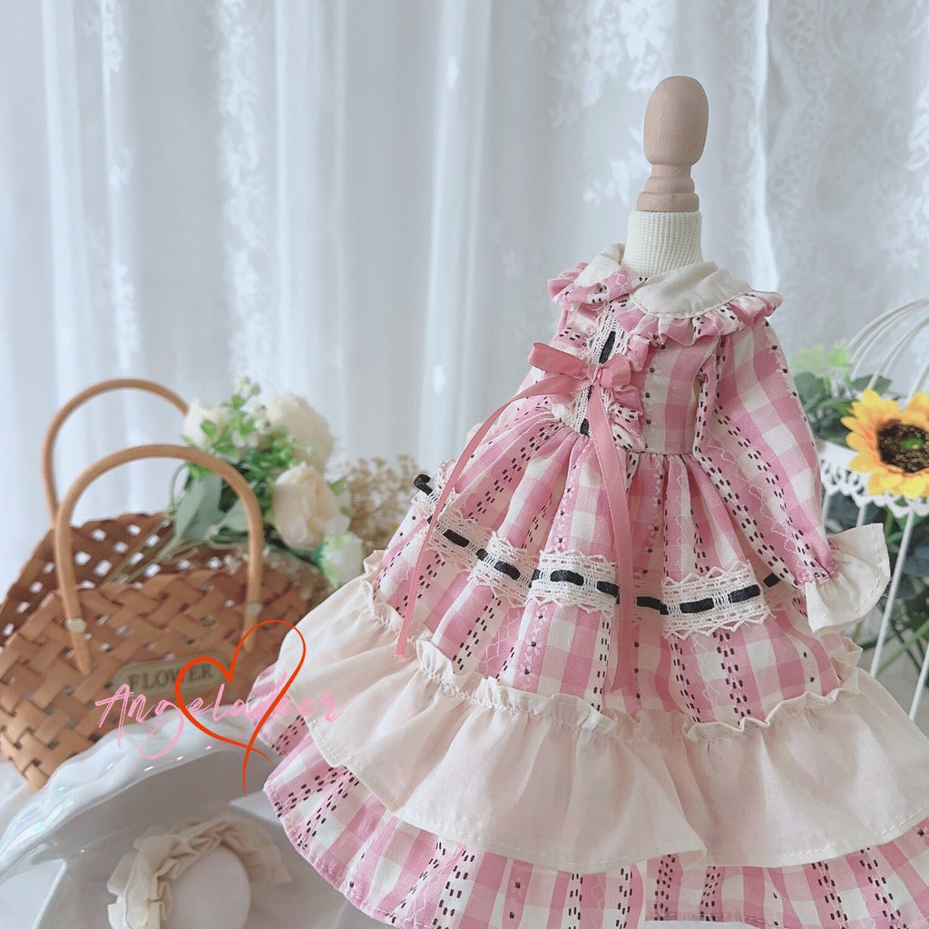 Blythe 1/6 1/4 1/3 BJD Doll Clothes Outfit Retro Pink Plaid Dress + Headwear DOD