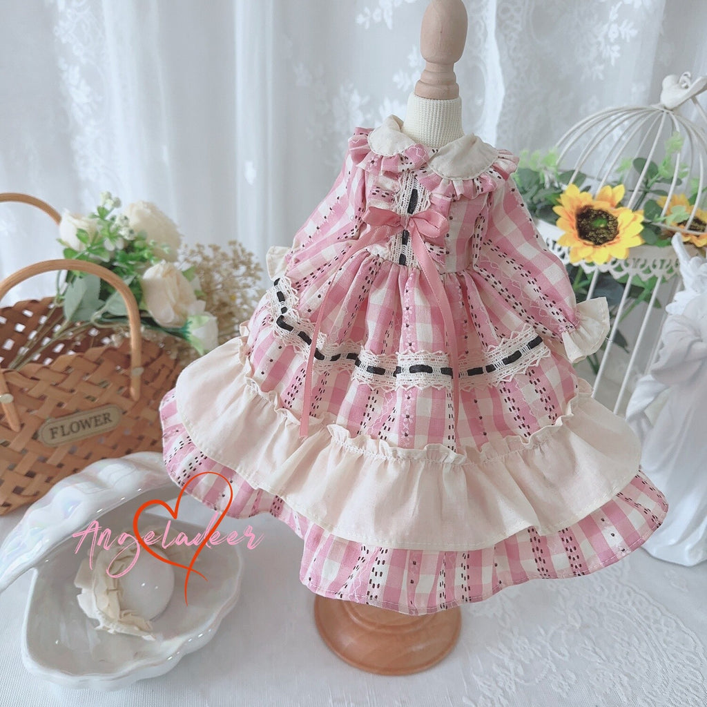 Blythe 1/6 1/4 1/3 BJD Doll Clothes Outfit Retro Pink Plaid Dress + Headwear DOD