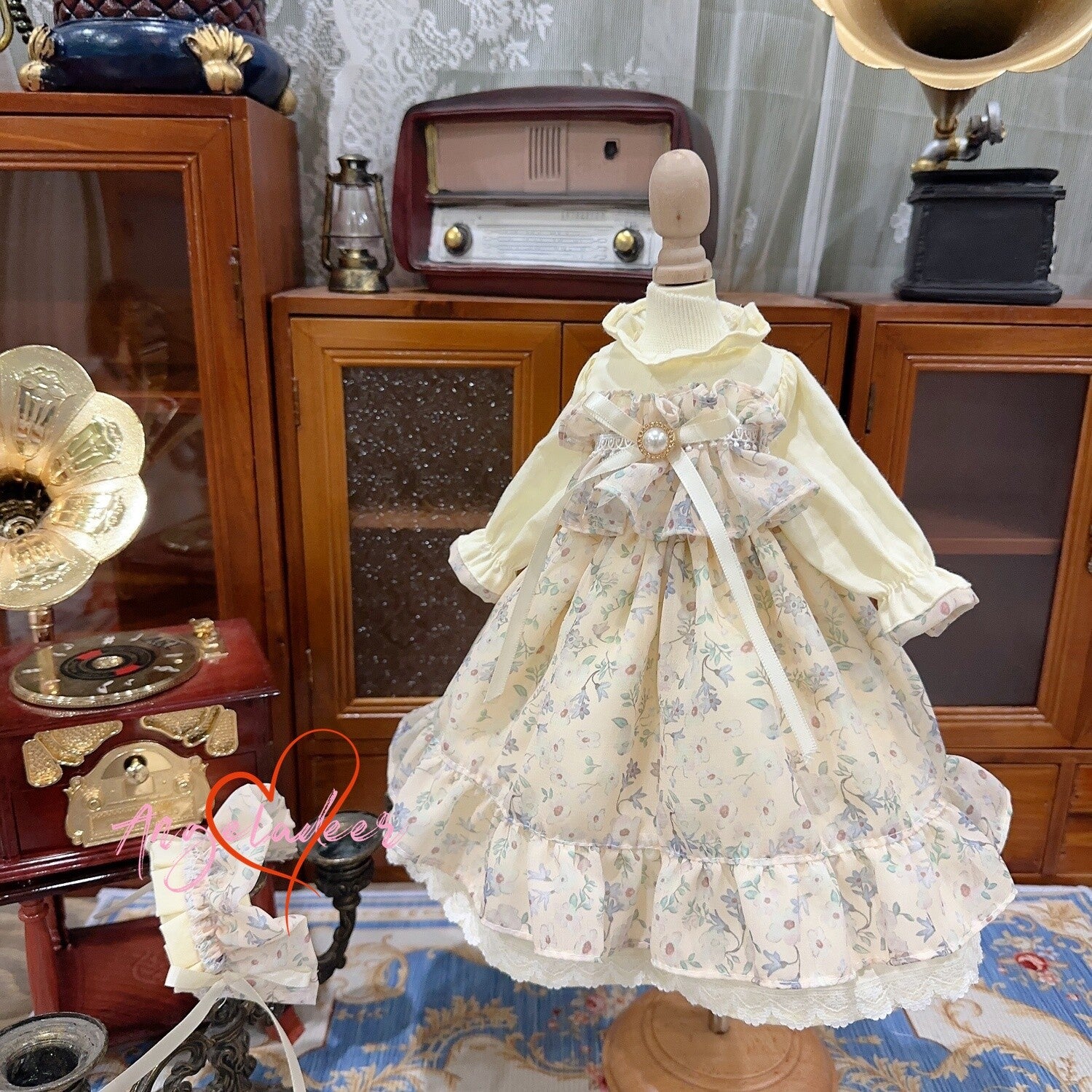 Blythe 1/6 1/4 1/3 BJD Clothes Doll Outfit Beige Chiffon Floral Dress+Headwear-