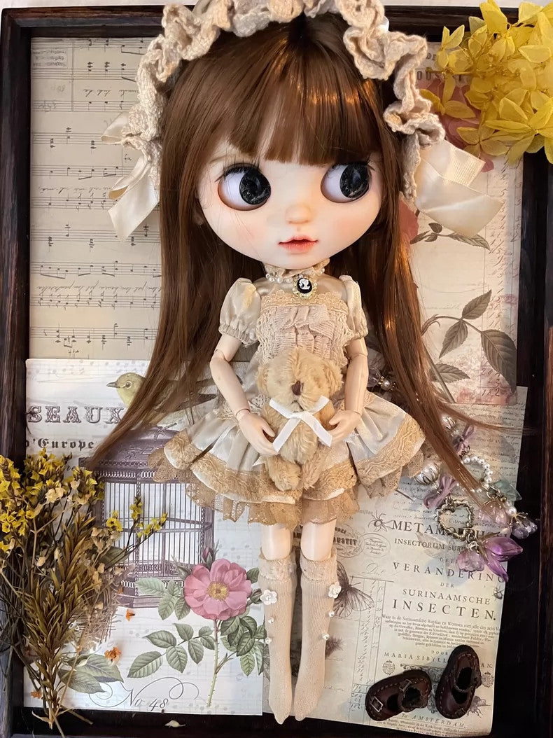 Blythe Doll Clothes BJD Silk Retro Vintage Dress Hat Socks for 1/6 BJD Doll OB24