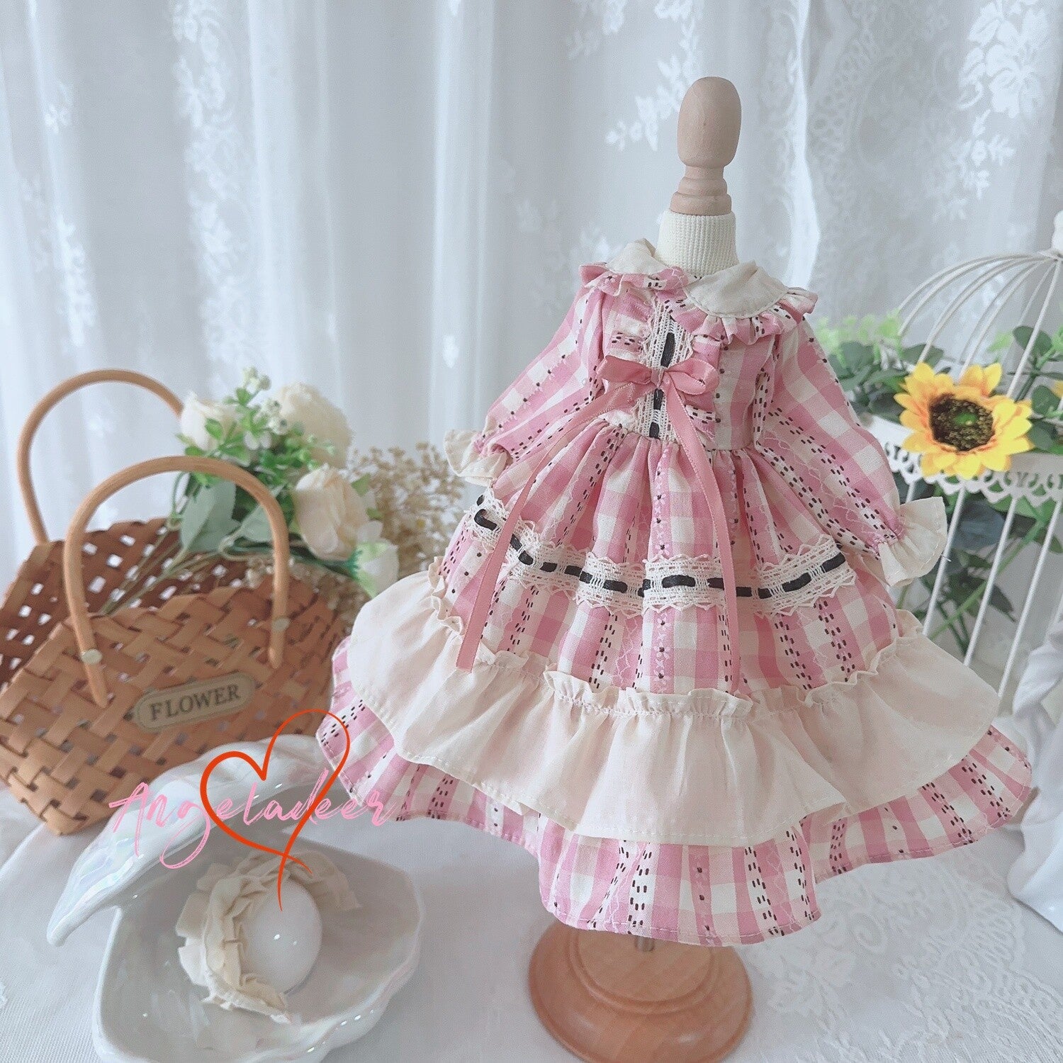Blythe 1/6 1/4 1/3 BJD Doll Clothes Outfit Retro Pink Plaid Dress + Headwear DOD
