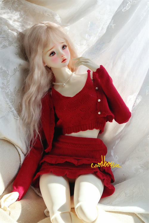 1/4 1/3 BJD Clothes Knitted Crop Top + Cardigan + Skirt Red Pink Blue Yellow