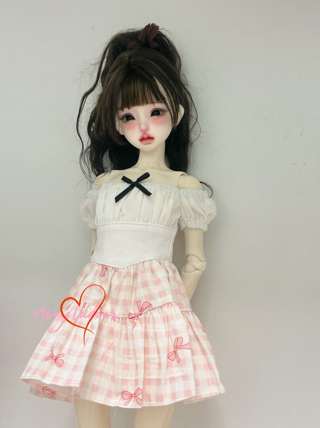 1/4MSD BJD Girl Clothes Outfit Fake Two Piece Spliced Dress White + Pink Plaid