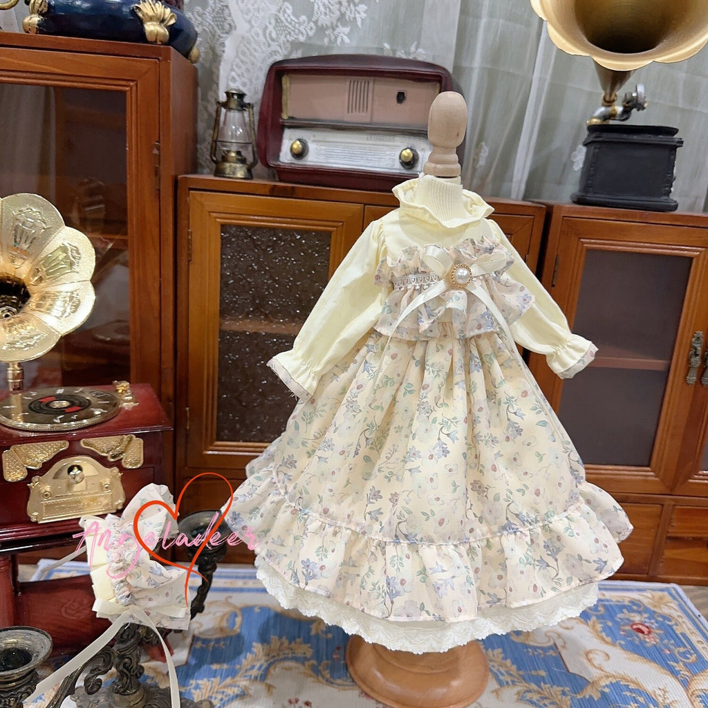 Blythe 1/6 1/4 1/3 BJD Clothes Doll Outfit Beige Chiffon Floral Dress+Headwear-