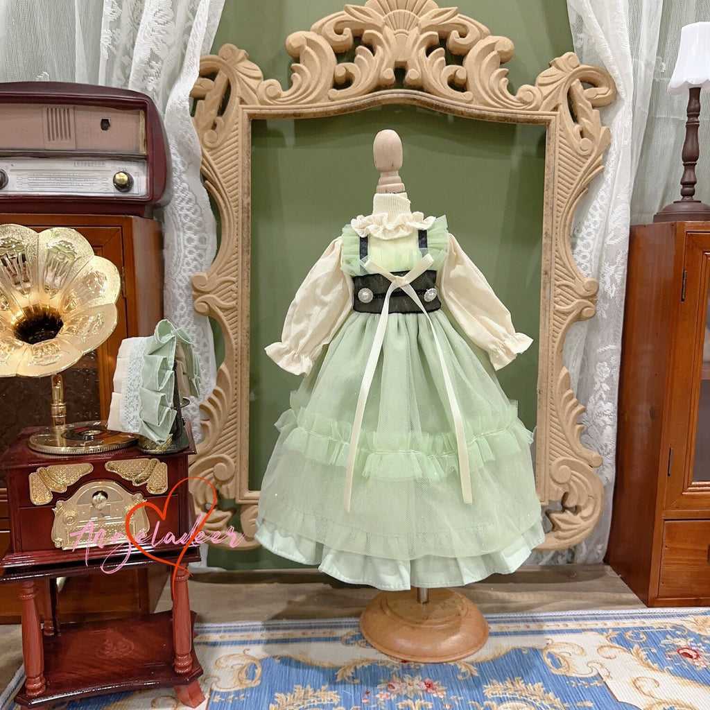 Blythe 1/6 1/4 1/3 BJD Doll Clothes Doll Outfit Green+Beige Yarn Dress+Headwear