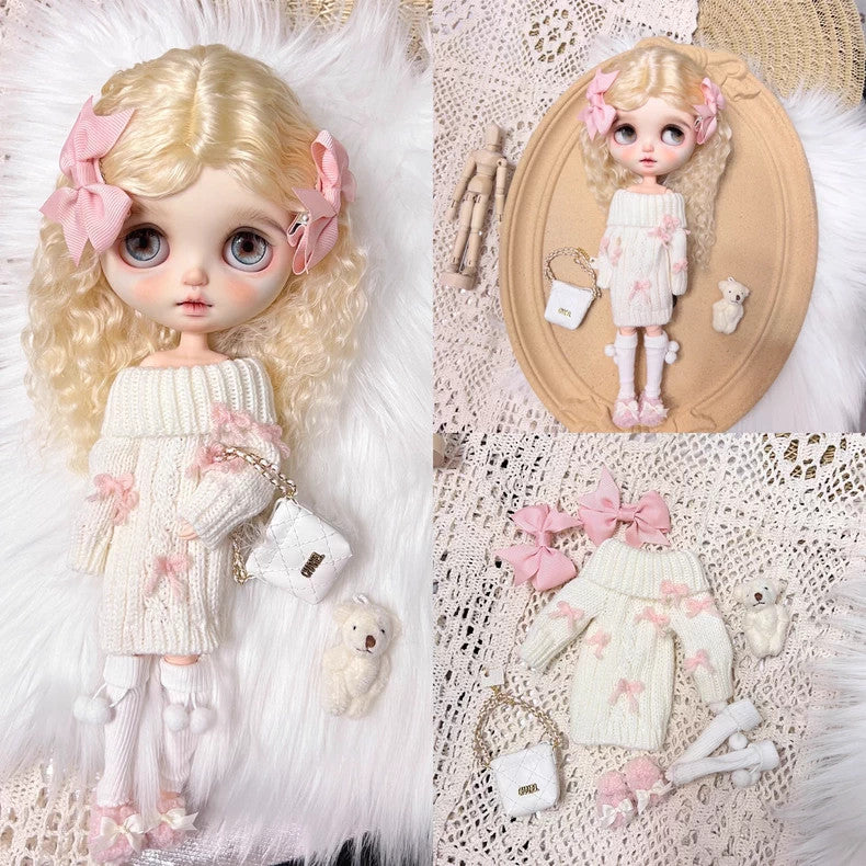 Blythe Doll Clothes 1/6 BJD Knitted Dress Bow Hair Clip Shoes For BJD Doll OB24