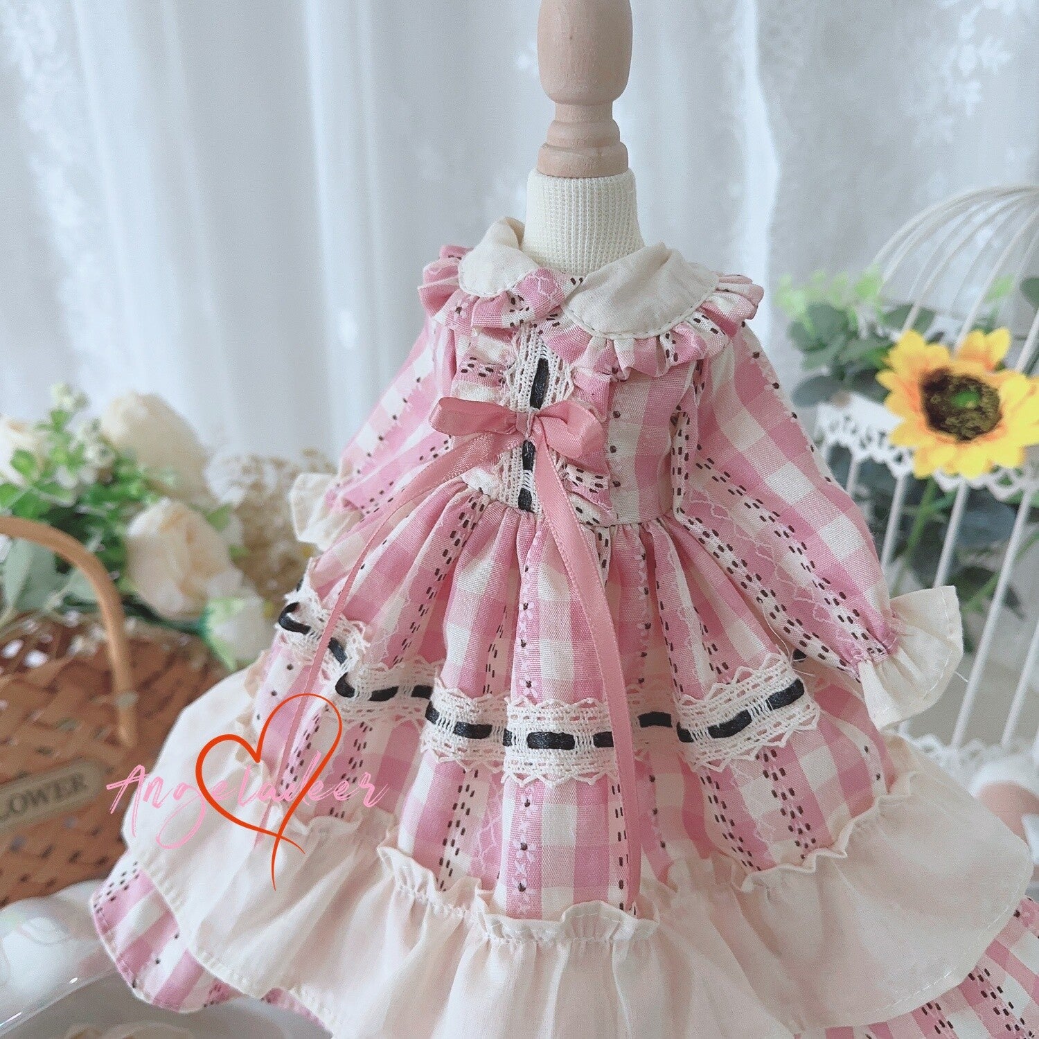 Blythe 1/6 1/4 1/3 BJD Doll Clothes Outfit Retro Pink Plaid Dress + Headwear DOD