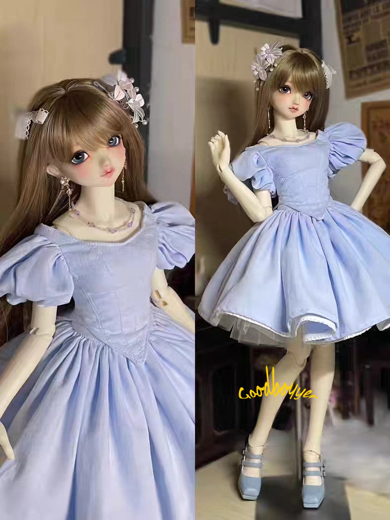 Puff Sleeve Top + Skirt + Bustle Blue Clothes Outfit for 1/4MSD 1/3SD BJD Doll